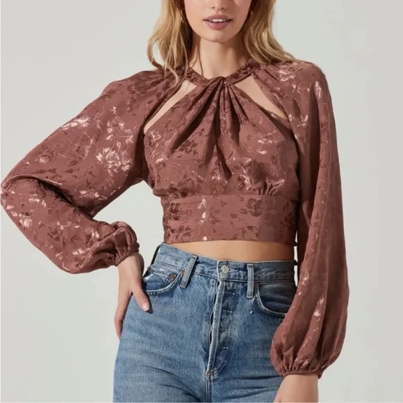 Astr The Label Women’s Betsy Floral Jacquard Cutout Long Sleeve Top Small - Picture 1 of 6